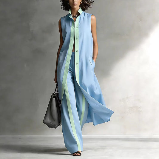 Color blocking loose vest cardigan pants set 