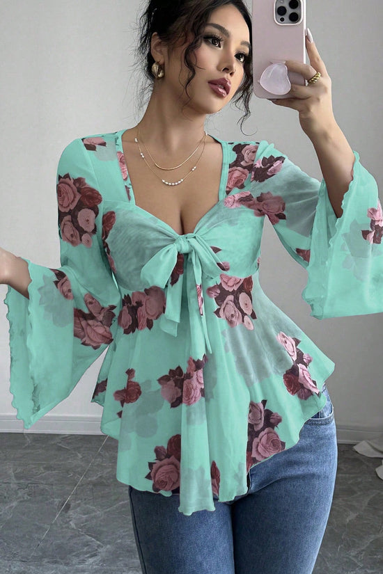 Sweet Floral Ombre Tie-Back Square Neck Long Sleeve Blouse 