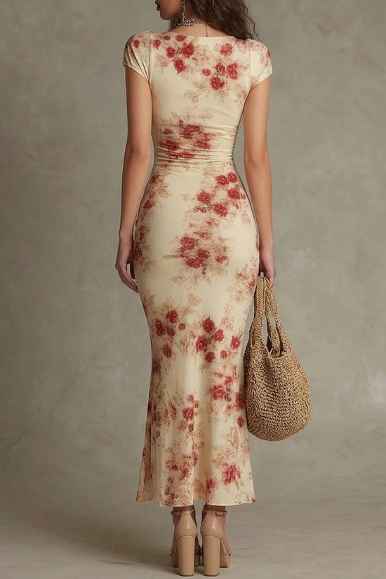 Vintage Printed Fitted Dress Elegant Slim Fit Bodycon Long Dress Evening Gown 