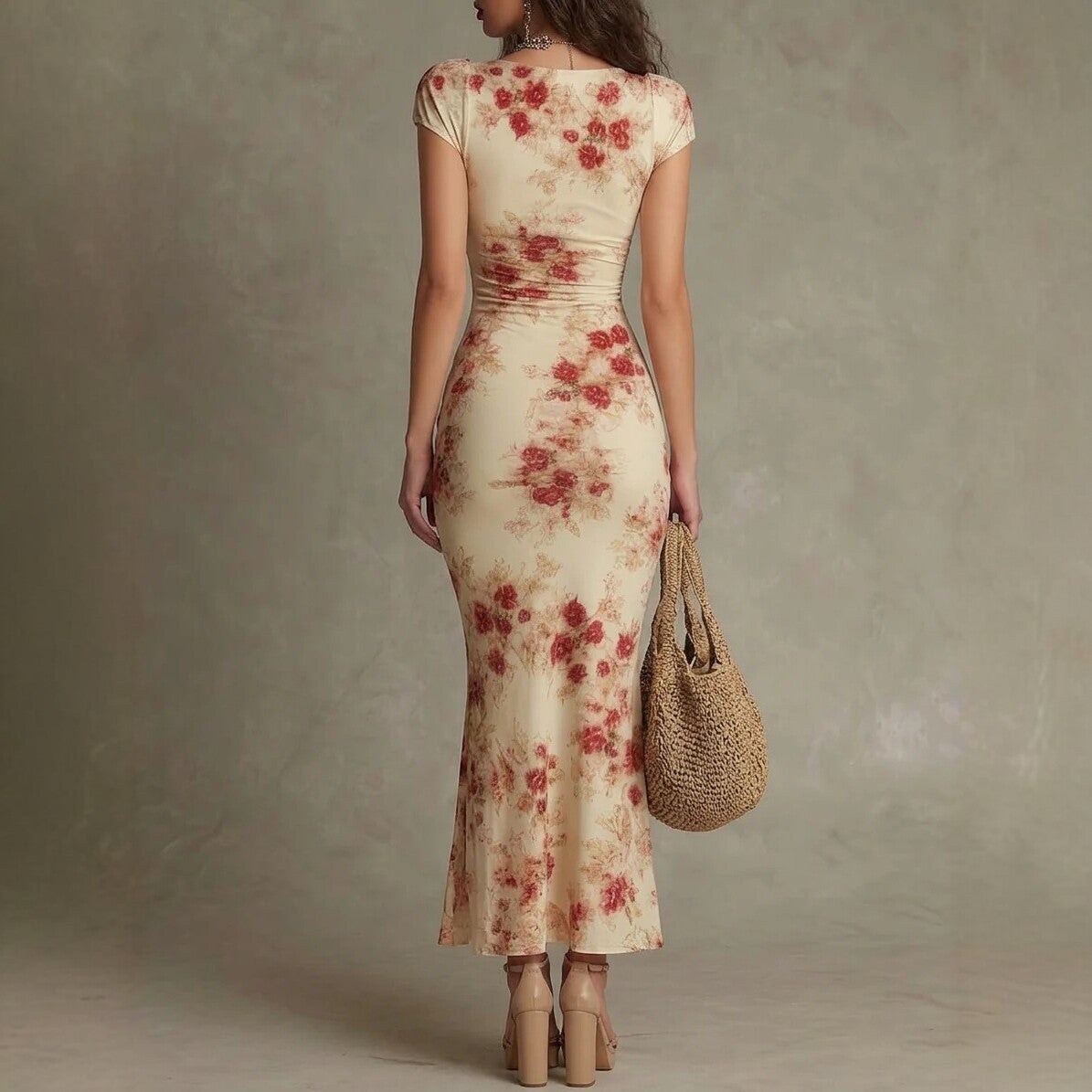 Vintage Printed Fitted Dress Elegant Slim Fit Bodycon Long Dress Evening Gown 