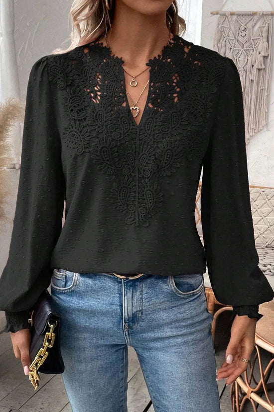 Swiss Dot Lace Detail Notched Long Sleeve Blouse 