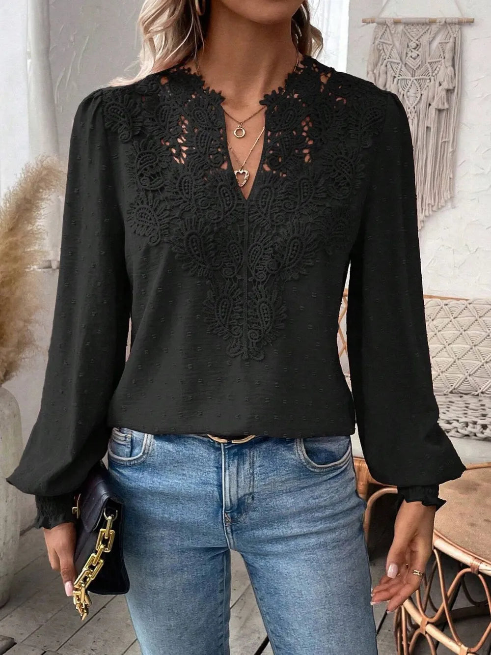 Swiss Dot Lace Detail Notched Long Sleeve Blouse 