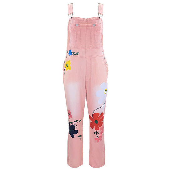 Summer Printed Overalls Denim Pants with Ripped Details, Loose Straight Leg Casual Stylish Versatile Long Pants for Women 