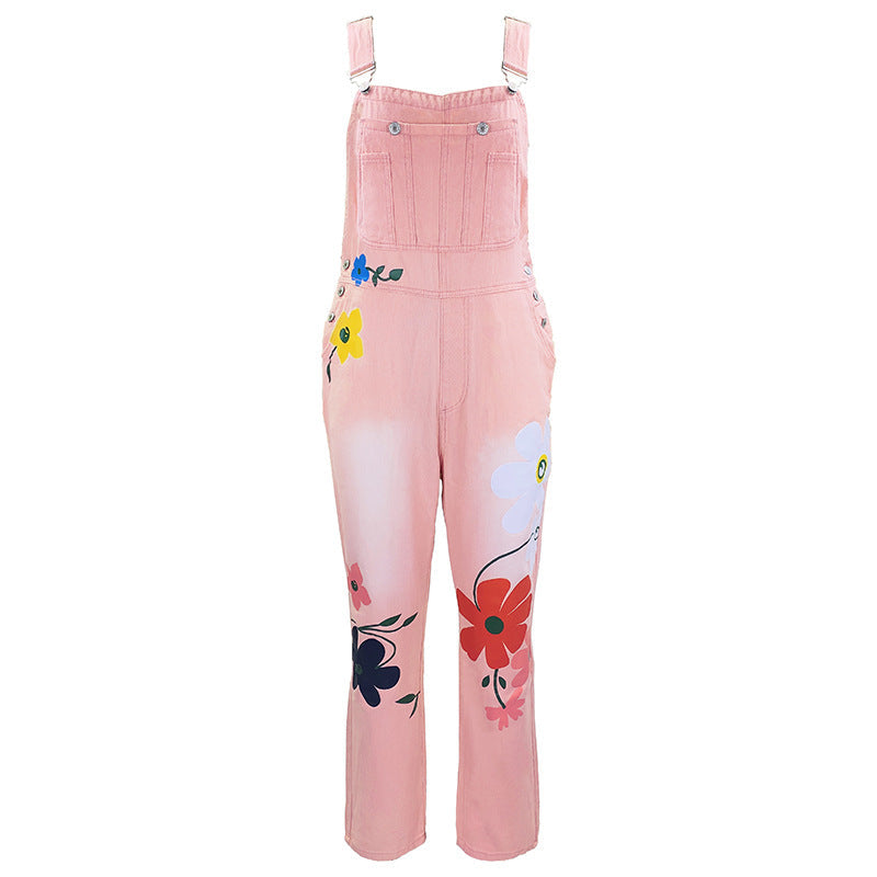 Summer Printed Overalls Denim Pants with Ripped Details, Loose Straight Leg Casual Stylish Versatile Long Pants for Women 