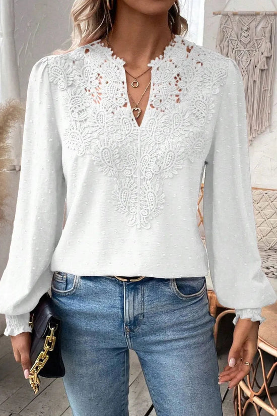 Swiss Dot Lace Detail Notched Long Sleeve Blouse 