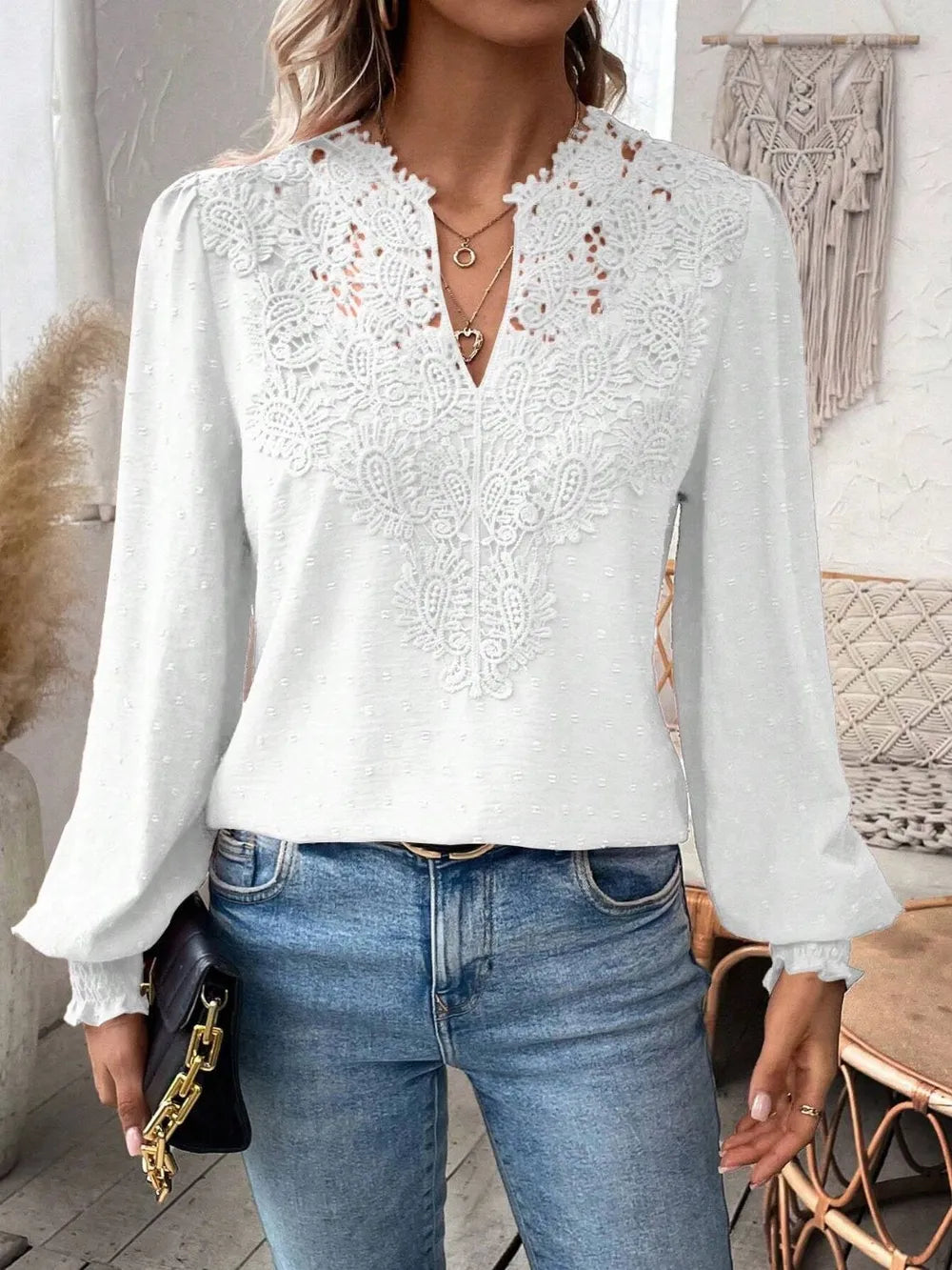 Swiss Dot Lace Detail Notched Long Sleeve Blouse 