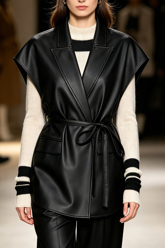 Sleeveless PU leather vest women's suit collar belt vest jacket 