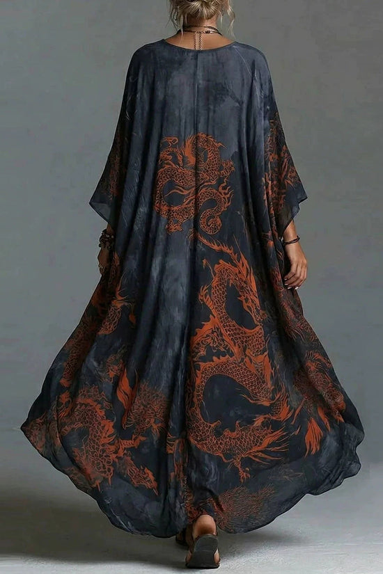 Dragon print beach vacation long dress outerwear 