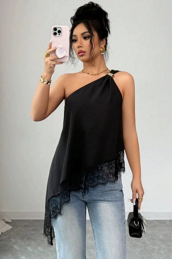 Slanted shoulder metal buckle lace patchwork irregular loose vest for women 