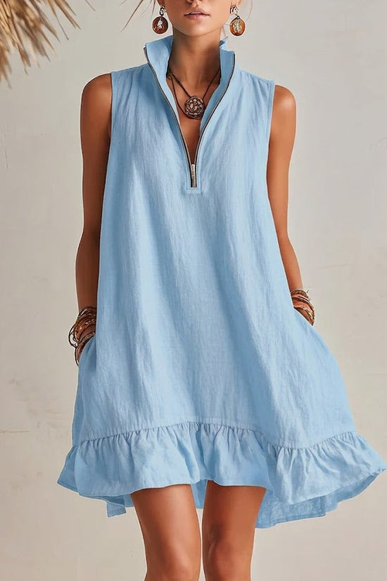 New Stylish Casual Loose Half-Zip Sleeveless Dress With Ruffle Hem 