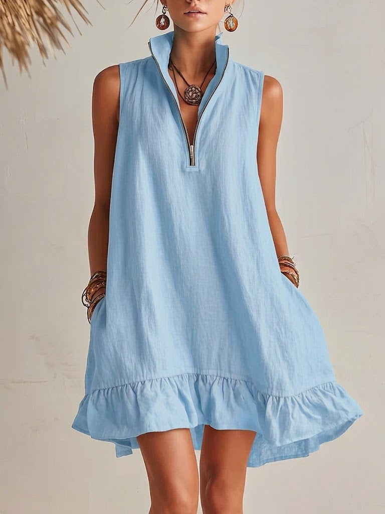 New Stylish Casual Loose Half-Zip Sleeveless Dress With Ruffle Hem 