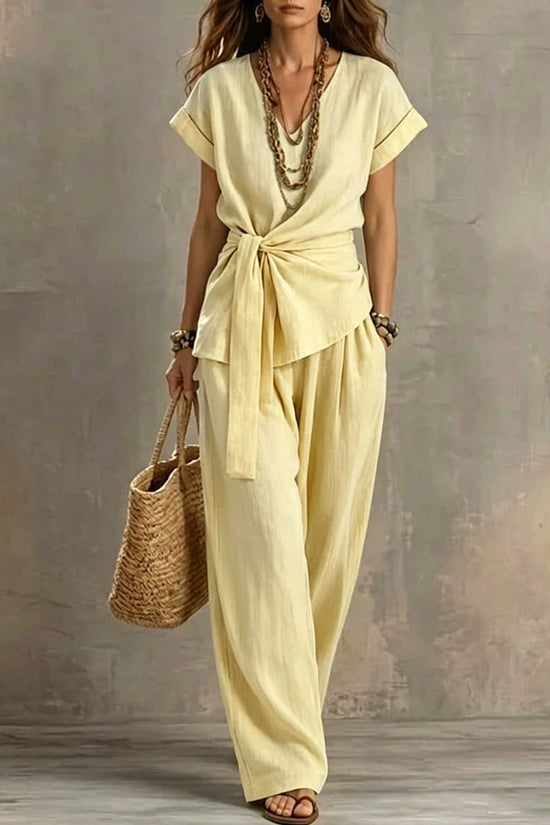 Women's V-neck Pullover Short-Sleeve Pants Set 