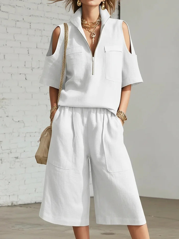 Womens Short-Sleeve Shirt And Shorts Loose Pants Two-Piece Set 