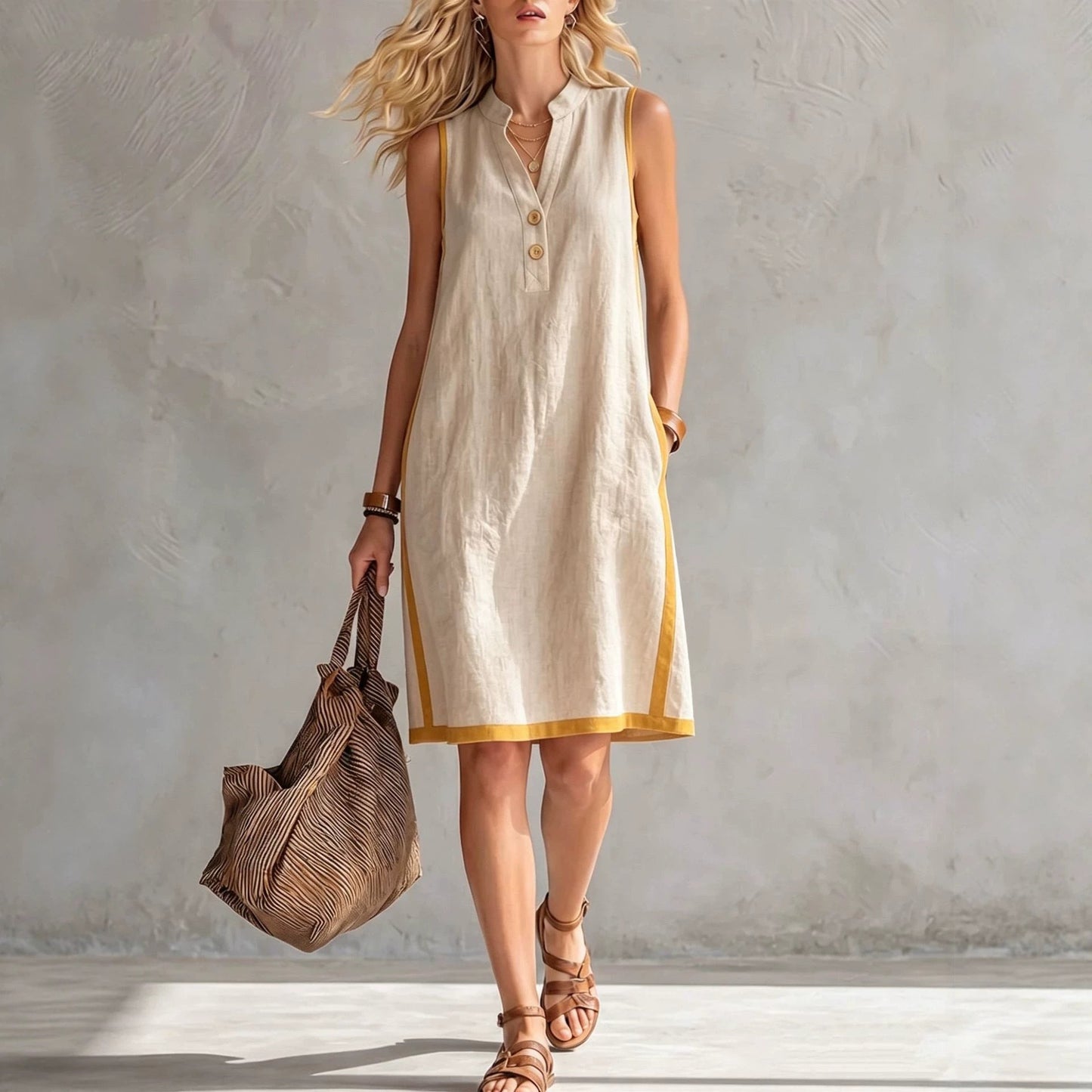 Sleeveless V-neck Pocketed Button Casual Dress 
