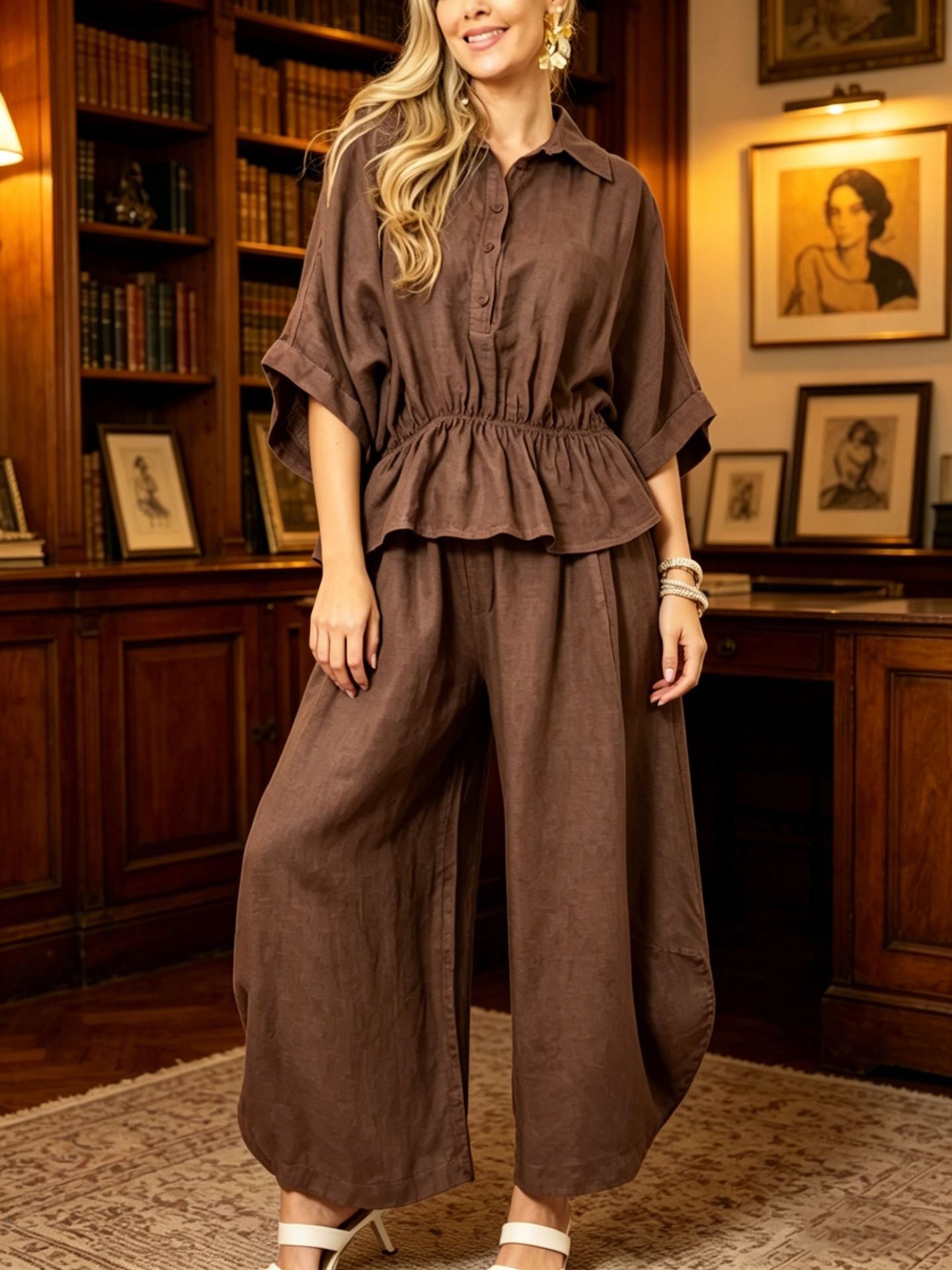 Plus-size Womens Loose Casual Belted Shirt And Wide-leg Pants Set 