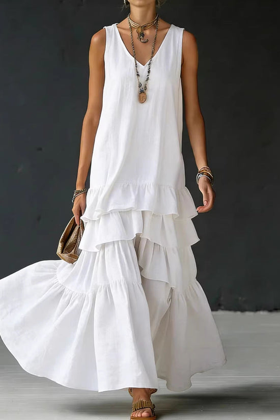 Solid-color Womens Loose-fitting Full-skirted Sleeveless Dress 
