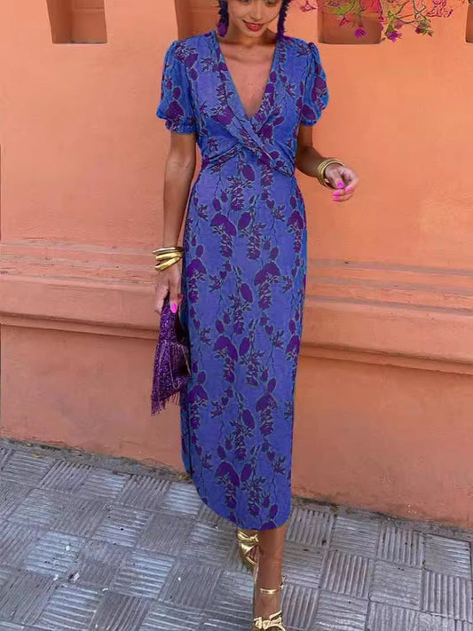 Elegant Form-Fitting Printed Ruched Maxi Dress, V-Neck Short Sleeve 