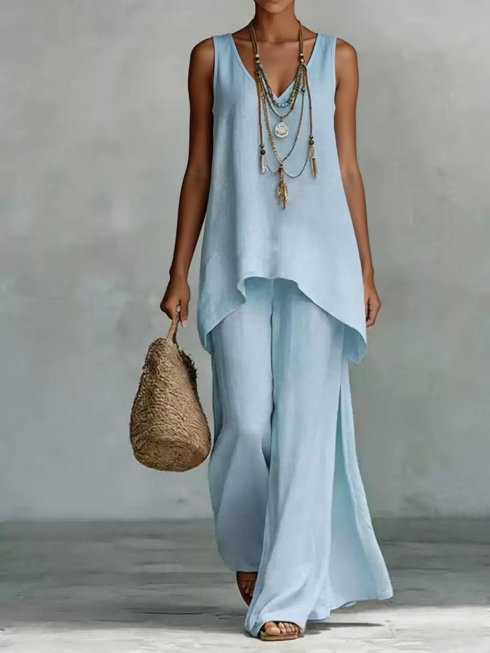 New Casual Bohemian-style Wide-leg Pants And V-neck Vest Set 