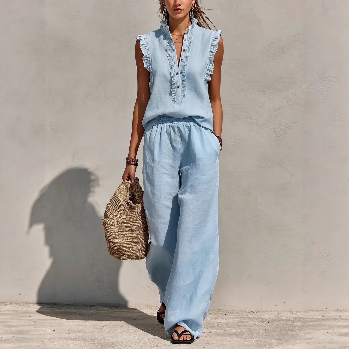 Sleeveless Ruffled V-neck Top And Elastic-waist Wide-leg Pants 