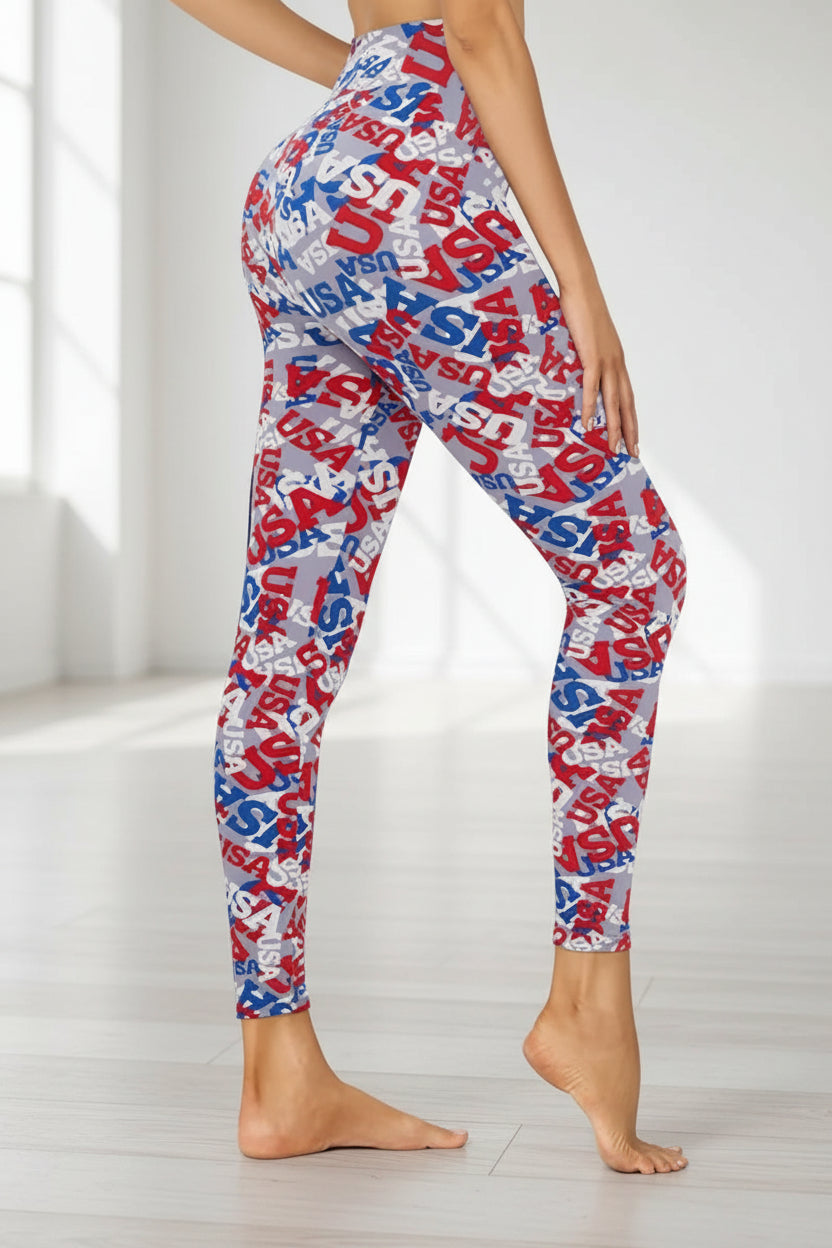 Cropped High-Rise Leggings – USA Flag Print Patriotic Workout Pants CJ US