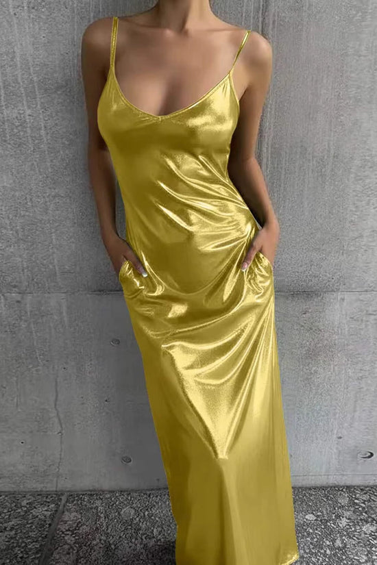Textured Mirror-Finish Pocket Solid-Color Slip Dress With U-Neck For Women 