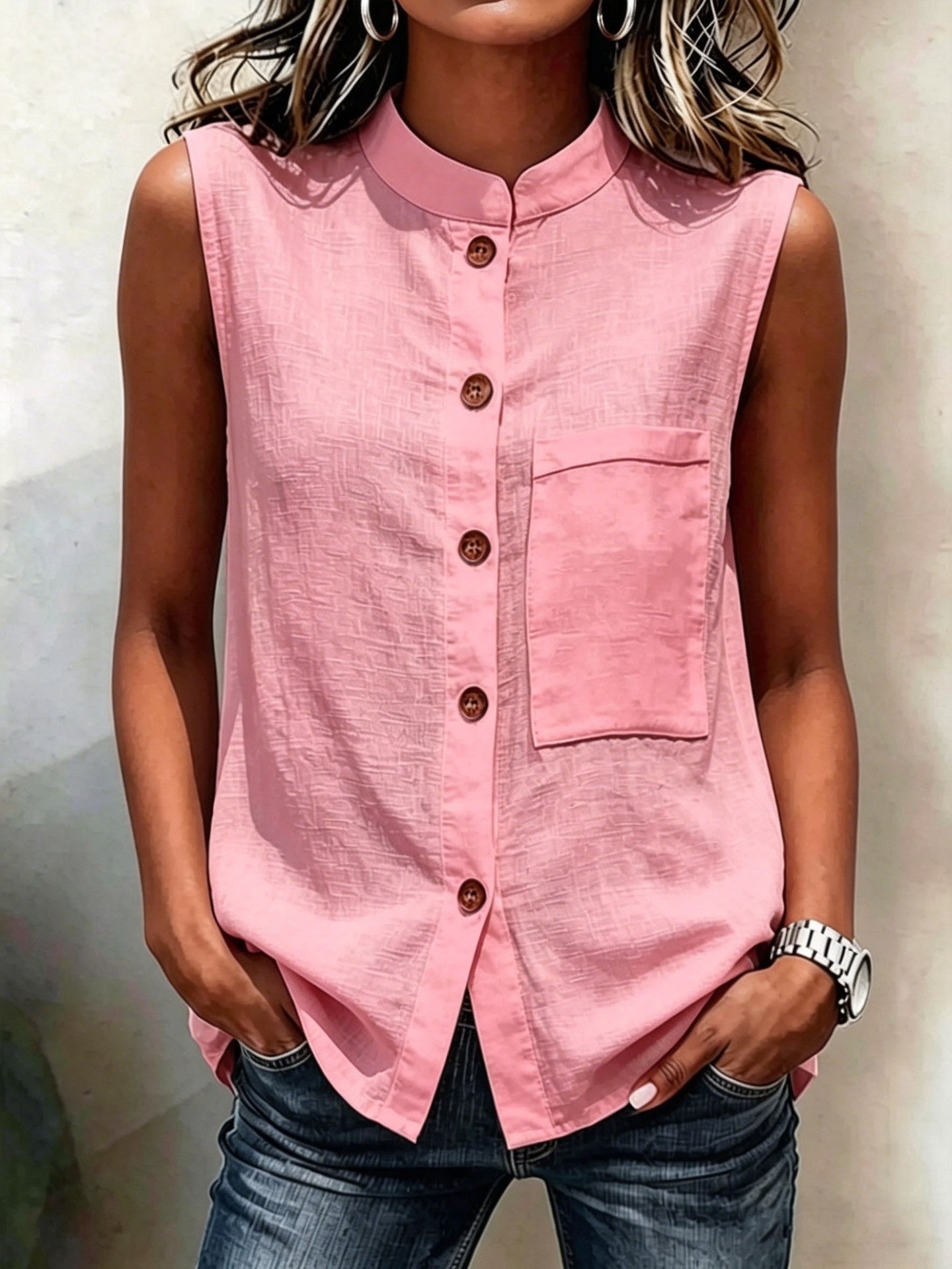Fashionable Casual Solid-color Top With Buttoned Pockets 