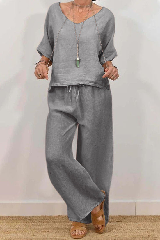 Womens Multi-Color Two-Piece Set Casual V-Neck Pullover With Three-Quarter Sleeves And Extended Pants 