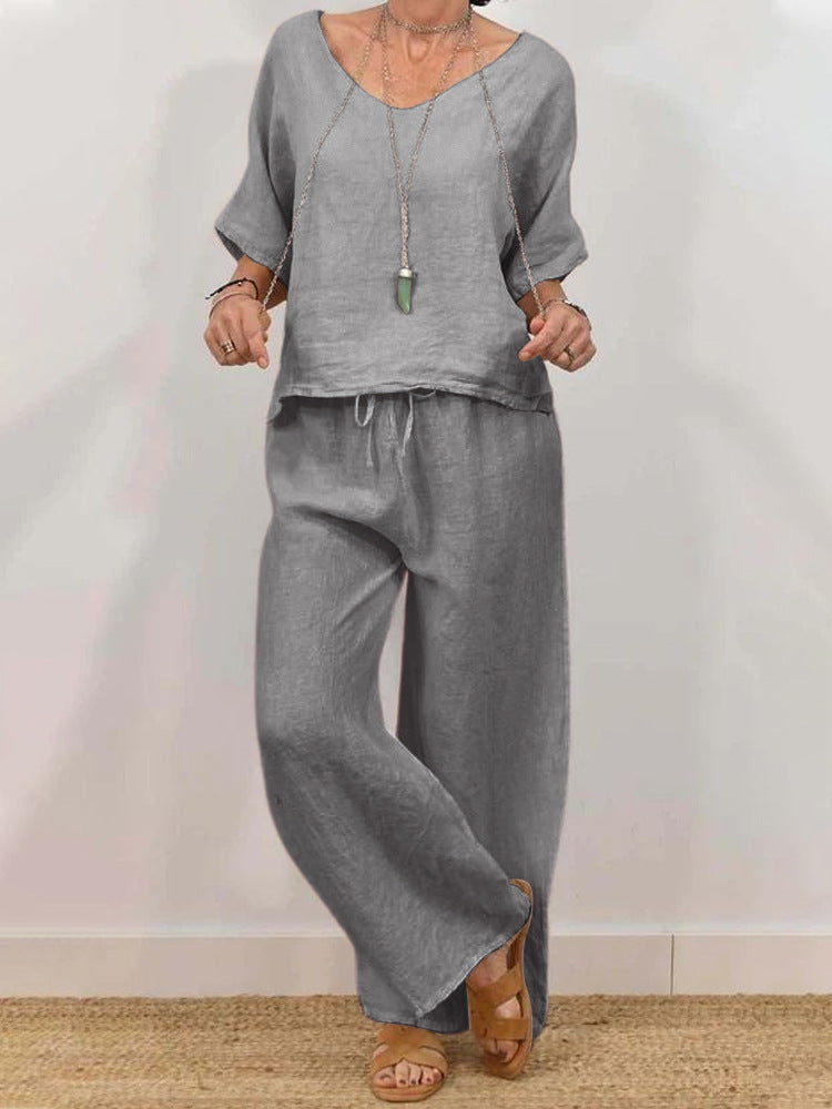 Womens Multi-Color Two-Piece Set Casual V-Neck Pullover With Three-Quarter Sleeves And Extended Pants 