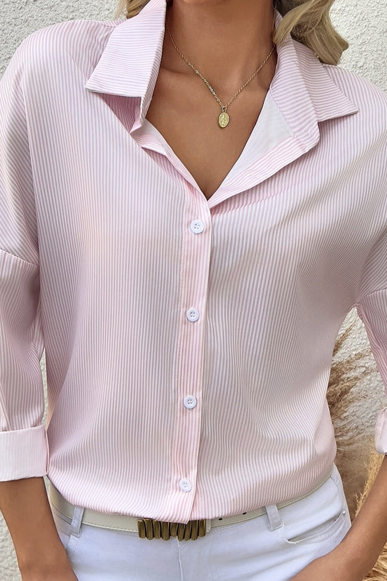 Women's Striped Lapel Long Sleeved Shirt Top CJ US