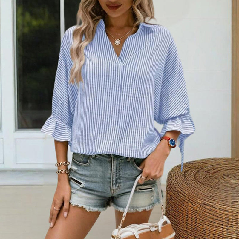 Women’s Striped V‑Neck Blouse with Ruffled Cuffs & Tie‑Back Slit CJ US