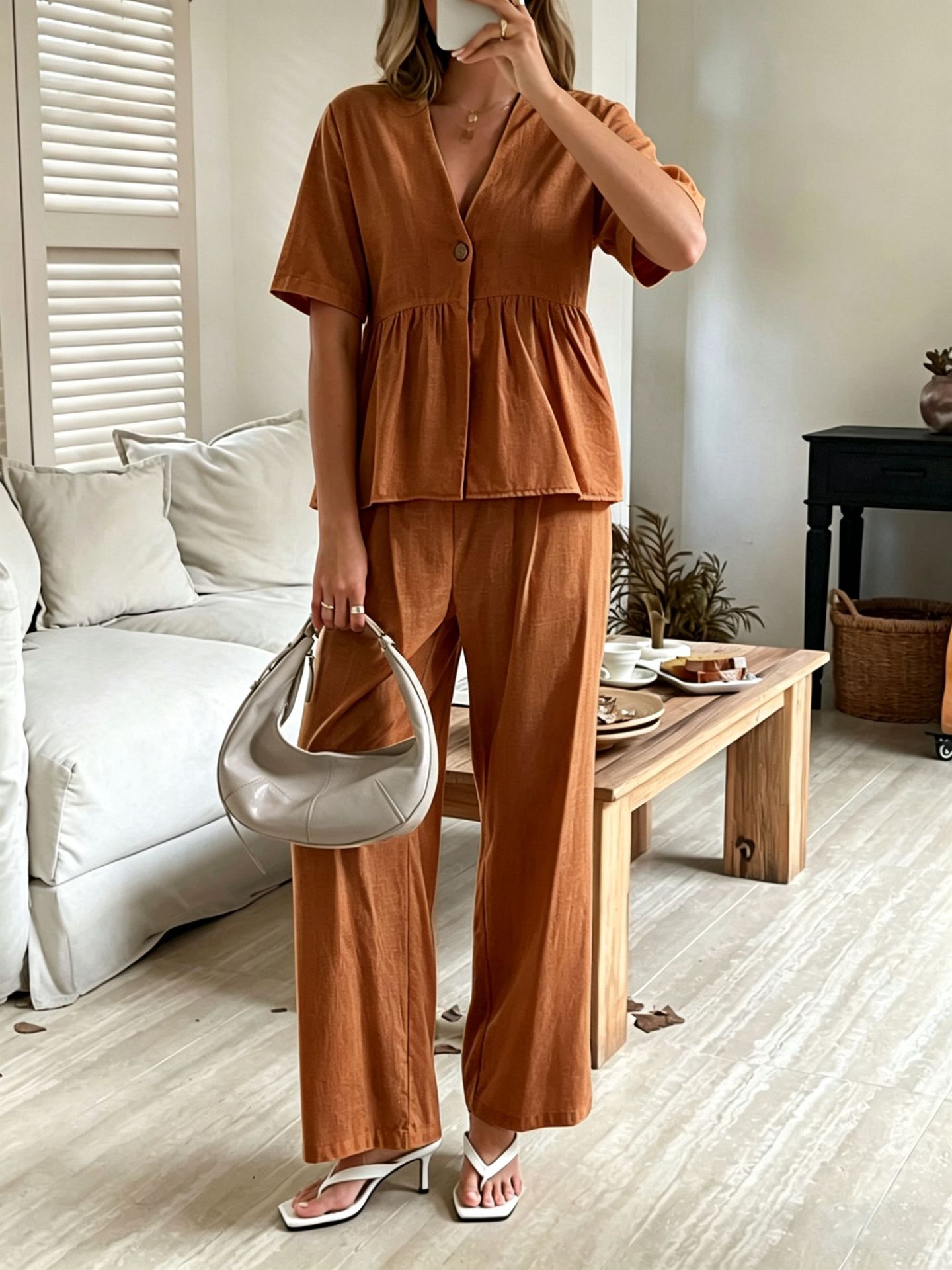 V-neck Loose-fit Short-sleeve Top And Wide-leg Pants Two-piece Set 