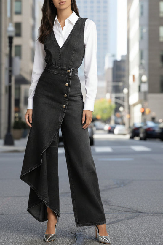 Western-style V-neck Asymmetrical Denim Jumpsuit 