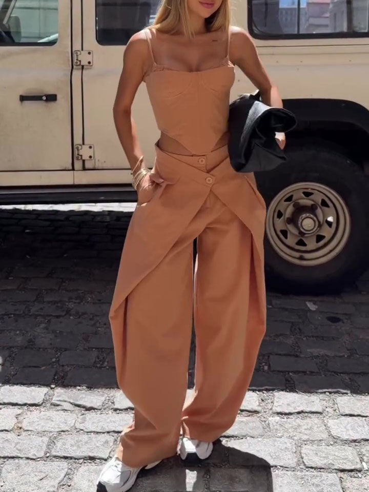Women's Camel 2-Piece Set - Spaghetti Strap Corset Top & Wrap Waist Wide Leg Pants 