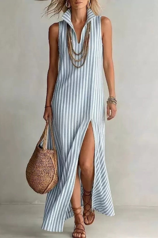 Seasonal New Womens Striped Stand Collar Side-Slit Camisole Dress 