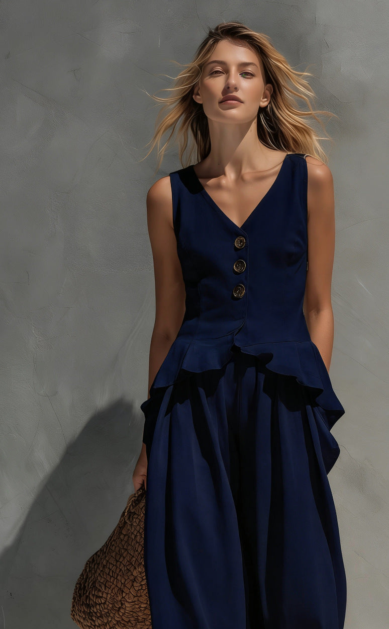 Sweatshirt-style Casual Sleeveless Top And Wide-leg Pants Two-piece Set 