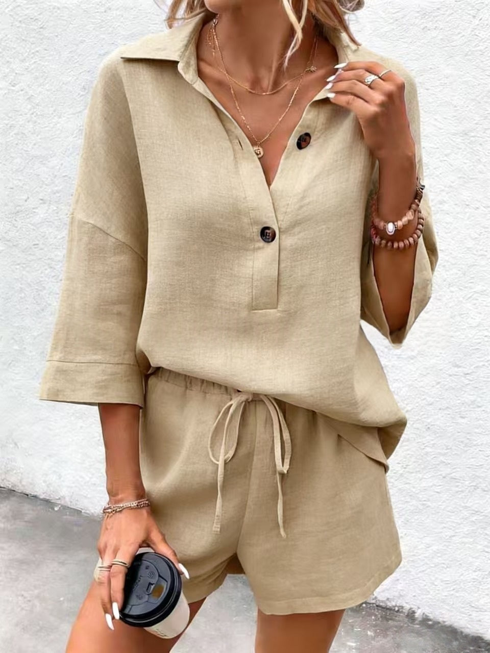 Notch-lapel Short-sleeve Belted Shorts Casual Set 