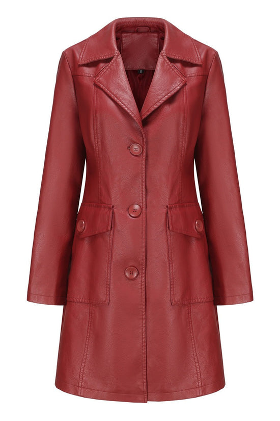 Long Leather Trench Coat Fashionable Outerwear For Women 