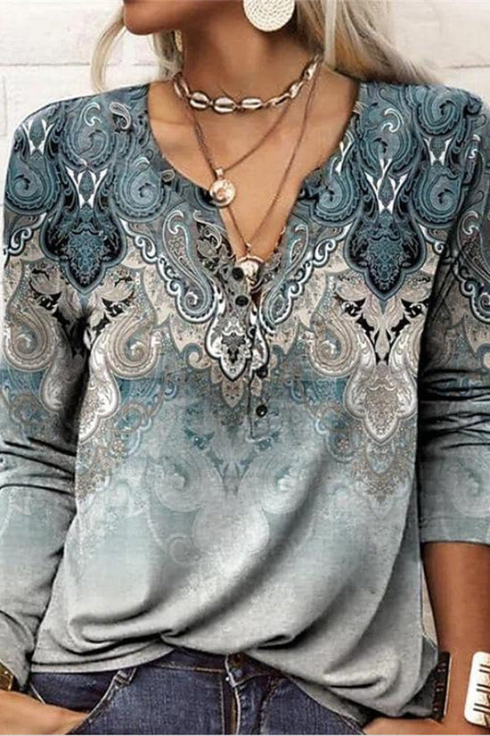 Women's Casual Ethnic Style V-neck Long-sleeved T-shirt 