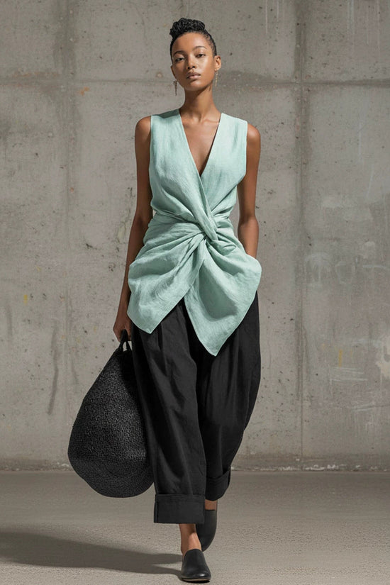 Waist-cinching Tie-front V-neck Sleeveless Top Wide-leg Pantsuit 