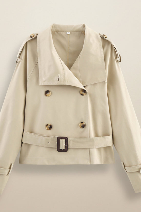 Notch-collar Short Trench Coat For Women With Belt Buckle Detailing 