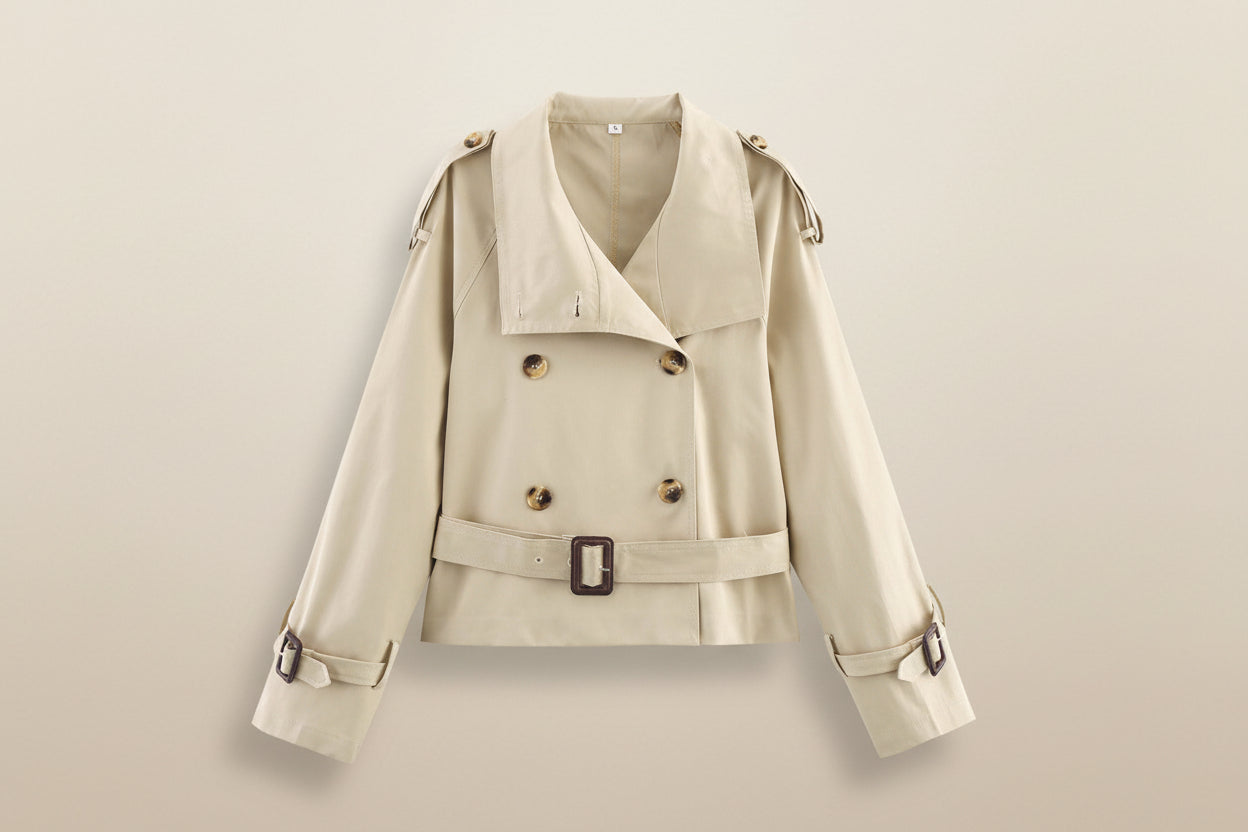 Notch-collar Short Trench Coat For Women With Belt Buckle Detailing 