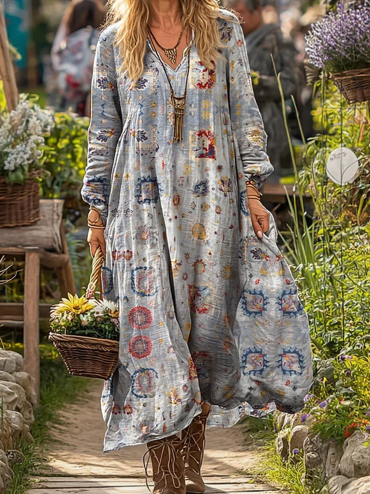 Personalized Retro Chic V-Neck Long-Sleeve Dress 