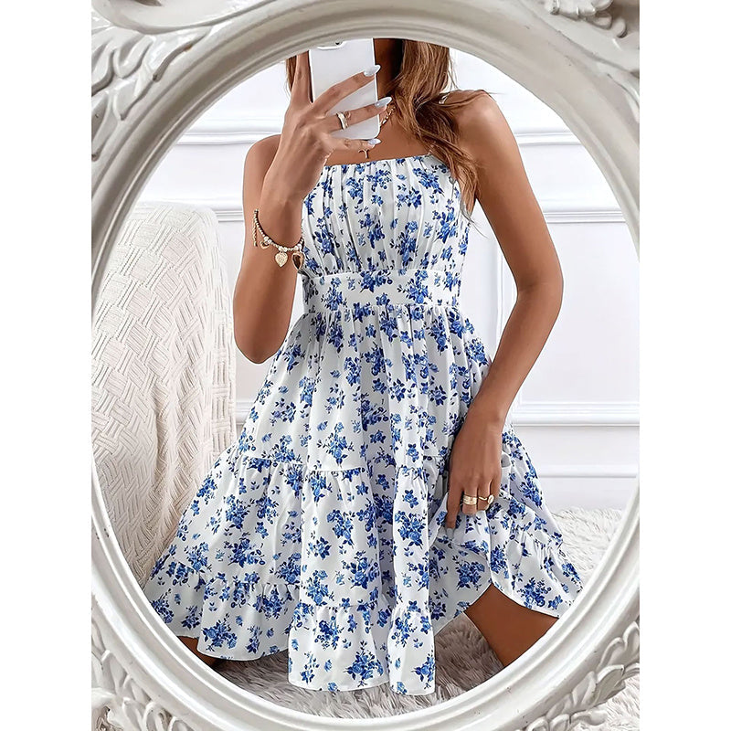 Floral Print Smocked Mini Dress Spaghetti Strap Slim Fit Flowy Dresses CJ