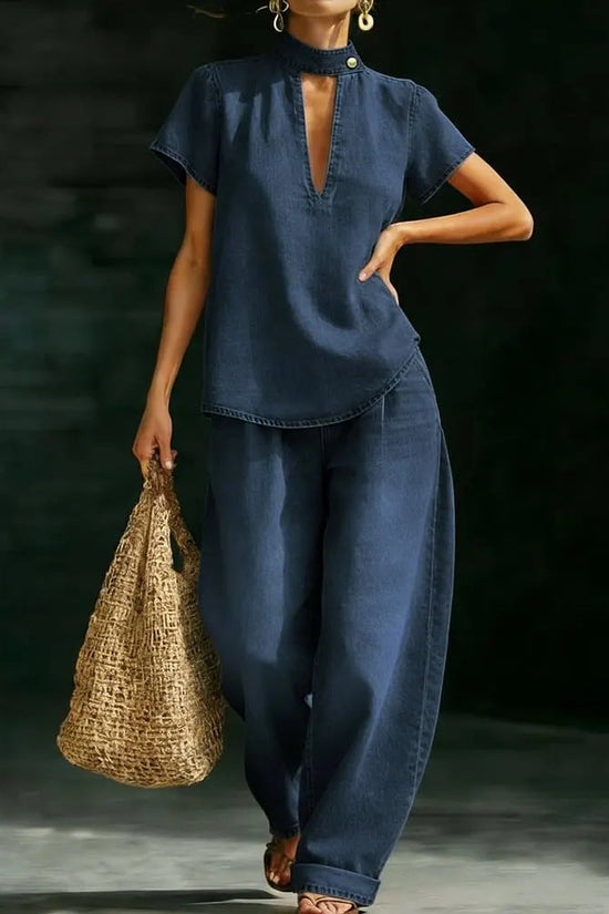 Solid-color Short-sleeve Casual Loose-fit Faux Denim Two-piece Set 