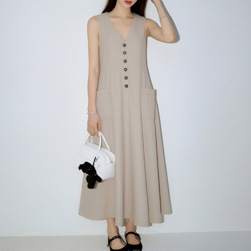 Women's Stylish & Elegant Solid-Color V-Neck Button-Up Dress 