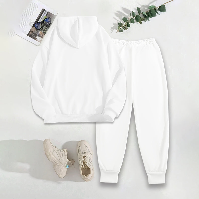 Women's Solid 2-Piece Set Letter Print Hoodie With Pocket & Drawstring Jogger Pants Casual Tracksuit CJ US