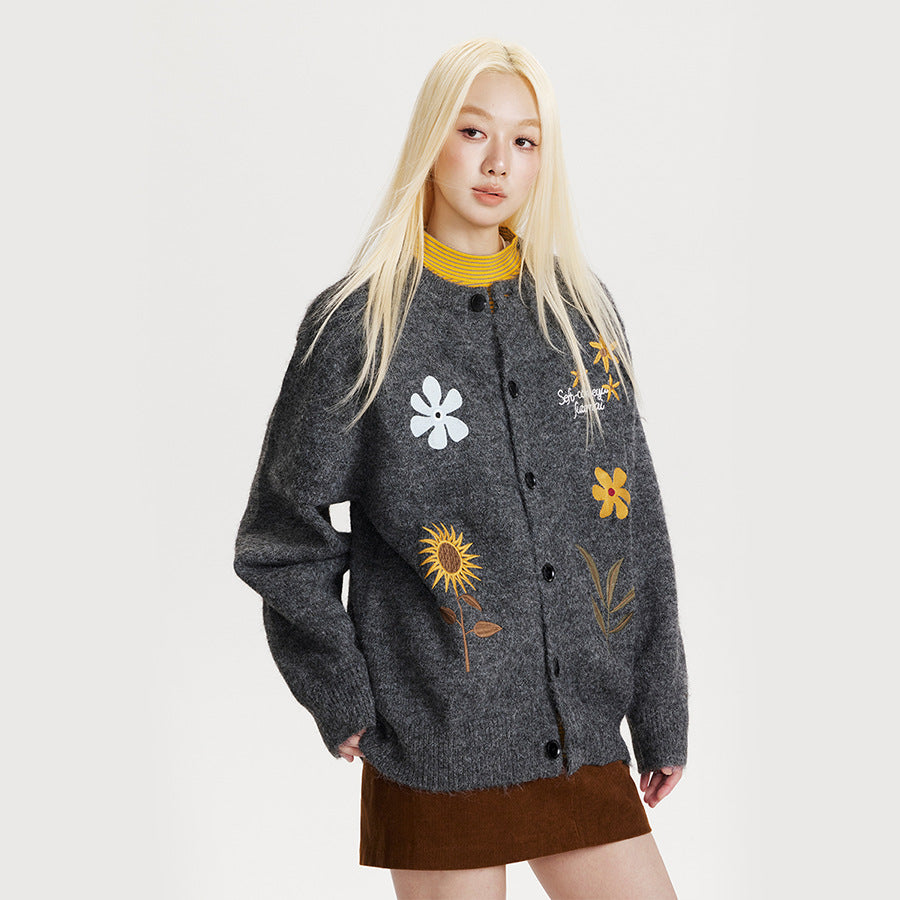 Retro Preppy Style Floral Embroidery Cardigan Sweater 