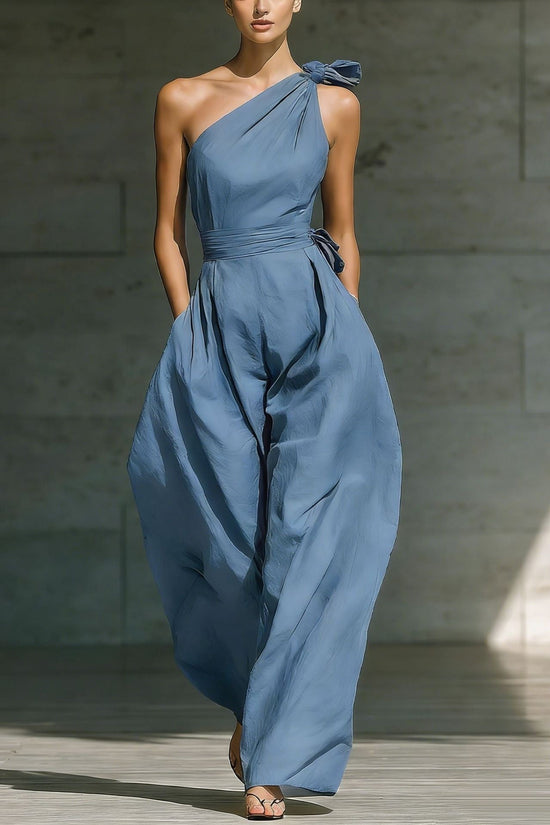 Loose-fitting Sleeveless Off-shoulder Belted Jumpsuit 