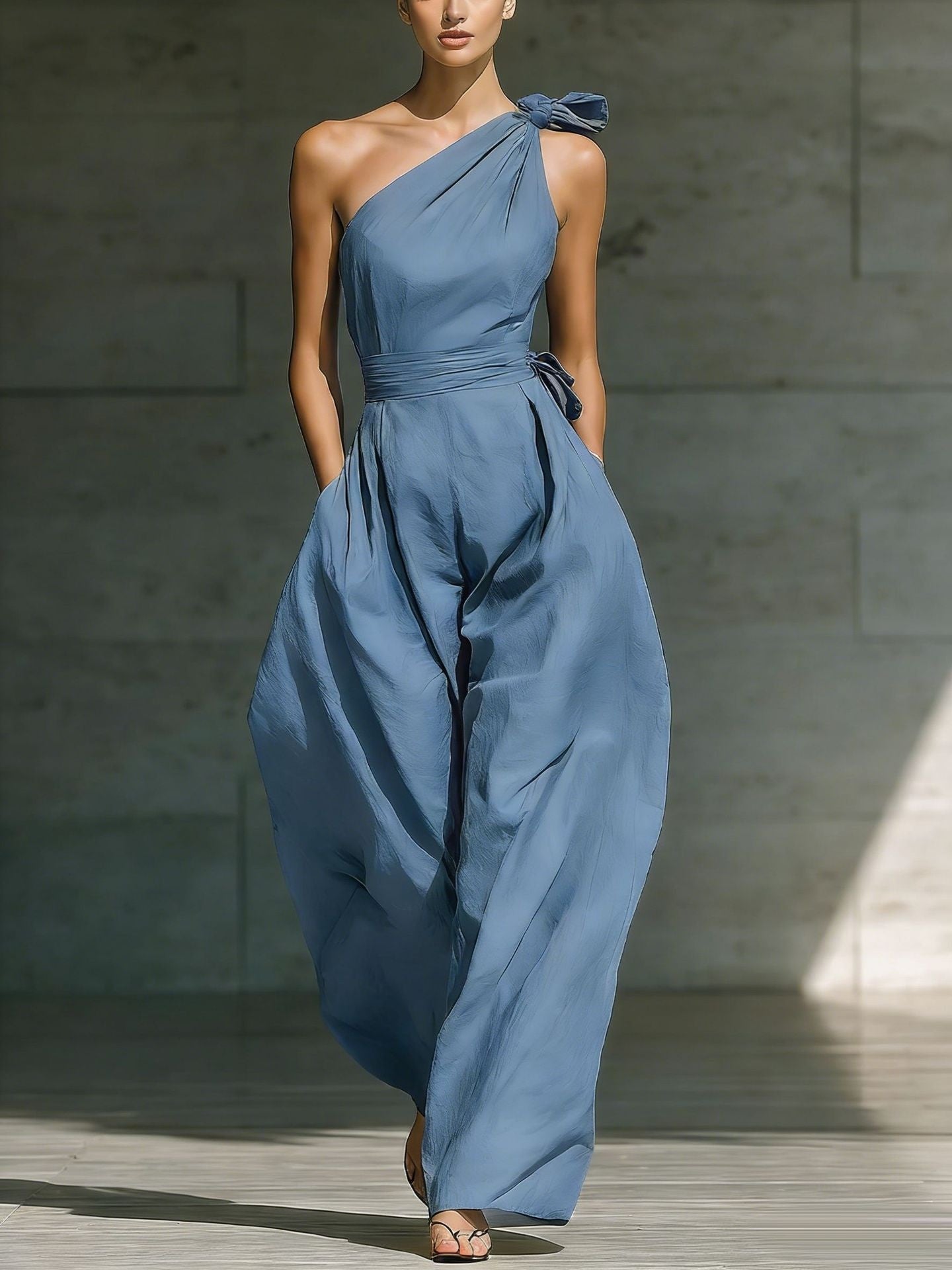 Loose-fitting Sleeveless Off-shoulder Belted Jumpsuit 