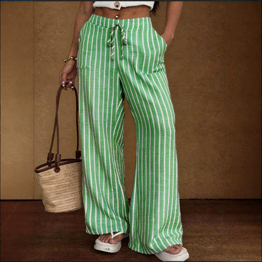 Striped Loose Commuter Casual Lace-up Elastic-waist Wide-leg Trousers 